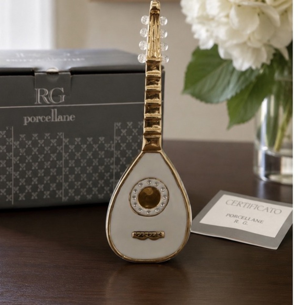 RG Porcellane Italian Mandolin Lute Figurine Limoges Swarovski Crystal Gold 17